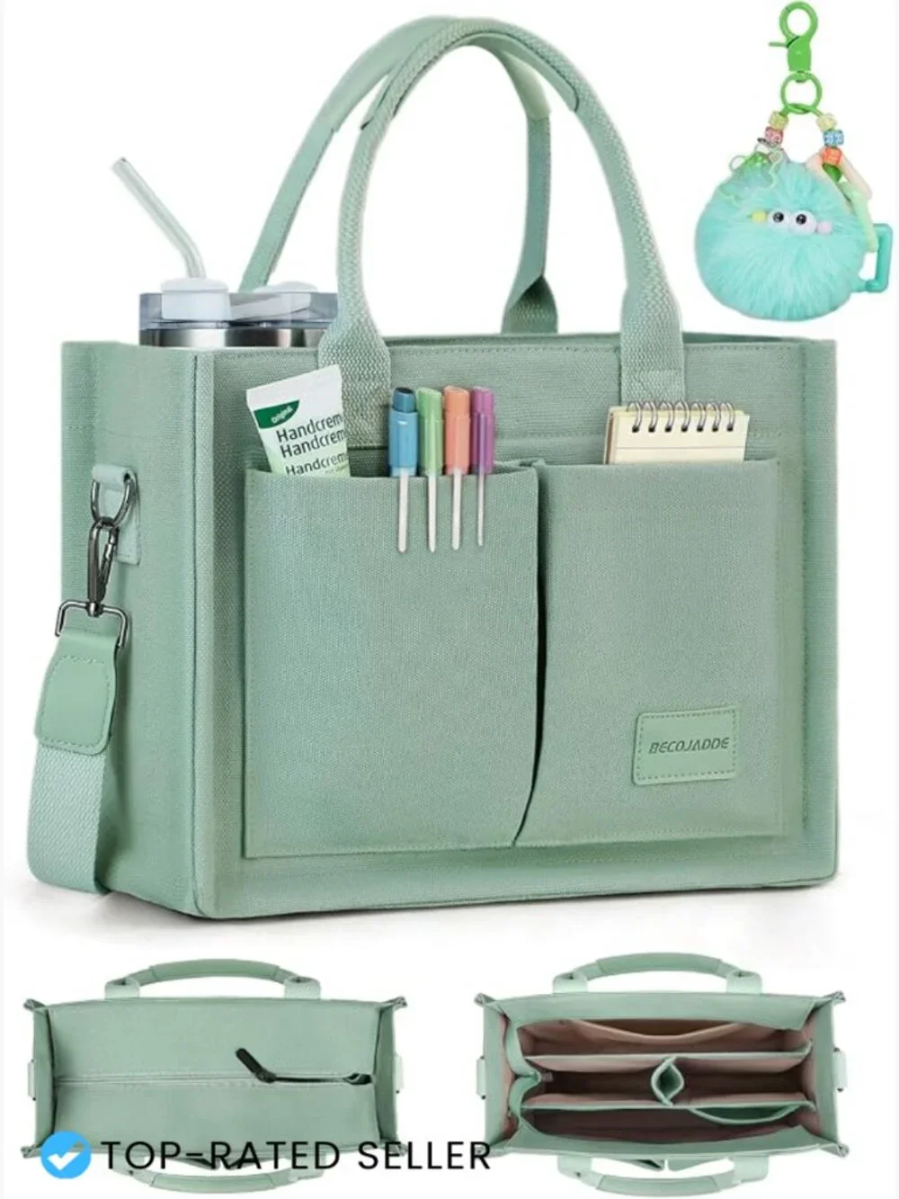 Structured Canvas Tote Bag with Multi-Compartment Zippered